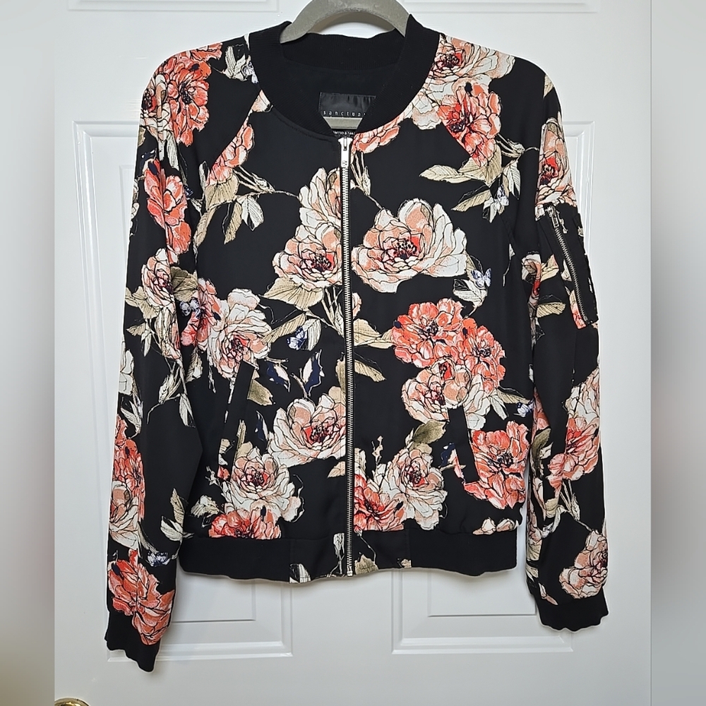 Philosophy Black Floral Bomber Jacket with Coral and Cream Roses